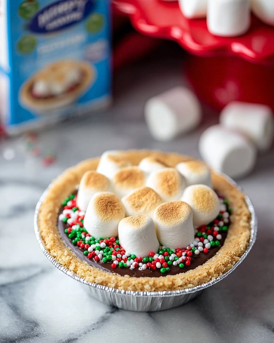The image shows a small round dessert with three clear layers: the bottom is a light golden cookie crust around the edge in a silver foil pie pan, the middle is a dark chocolate layer topped with red, white, and green round sprinkles, and the top is a cluster of toasted marshmallows with golden-brown spots. In the background, there is a blurred box of heavy whipping cream and two loose marshmallows on a white marbled surface. Part of a red scalloped-edged cake stand is visible on the right side. Photo taken with an iphone --ar 4:5 --v 7