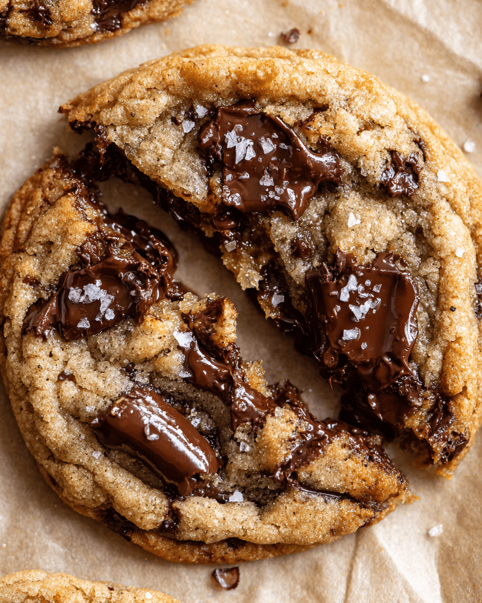 A single round cookie split in half on a piece of light brown parchment paper, with a soft, golden-brown dough base featuring a rough, crumbly texture. Large dark brown melted chocolate chunks are embedded throughout the cookie, some glossy and oozing slightly, creating a rich contrast against the dough. Small white salt flakes are scattered on top, adding texture and shine. The edges of the cookie are slightly darker and crisp while the center looks gooey and moist, highlighting a fresh-baked quality. Photo taken with an iphone --ar 4:5 --v 7