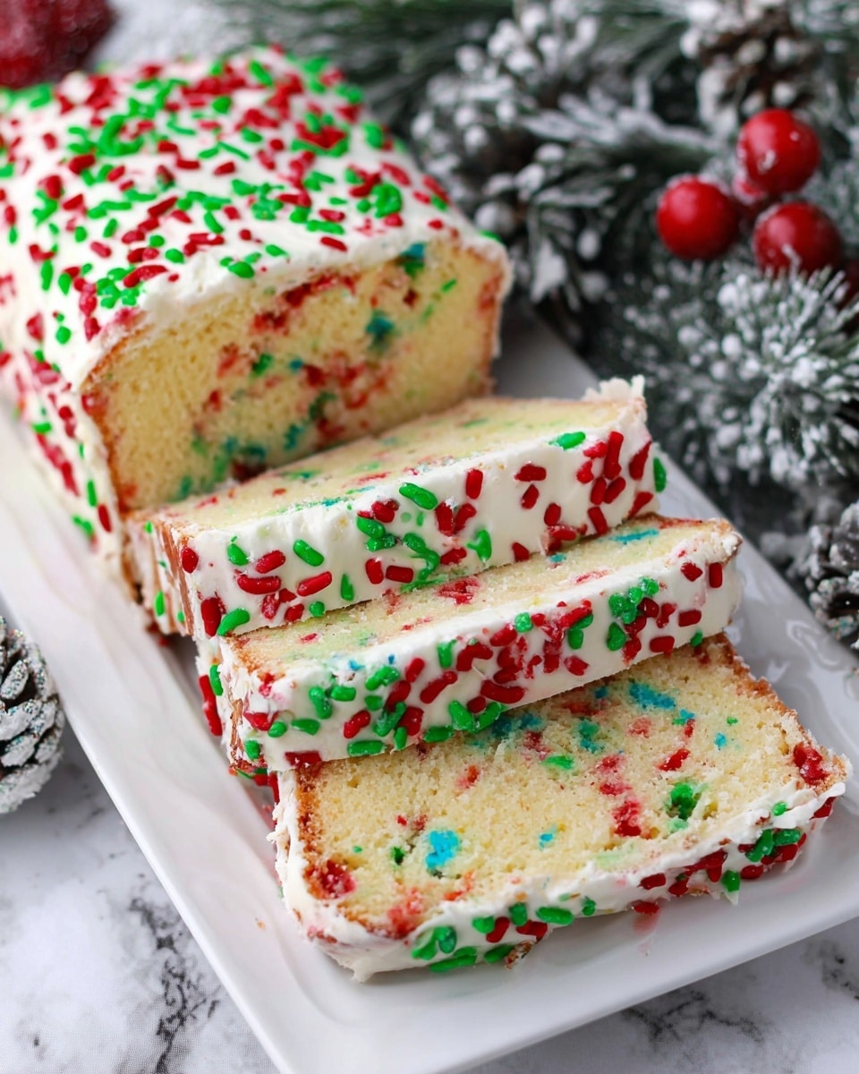The image shows a festive slice of cake with two big slices and part of the remaining cake in the background on a white plate. The cake has a light yellow base with red, green, and blue spots baked inside. It has a thick layer of white frosting around the sides adorned with red, green, and white sprinkles shaped like Christmas trees, circles, and rods. The top layer also has white frosting with similar colorful sprinkles. The cake sits on a white marbled surface with a red and white checkered cloth beneath the plate and blurred holiday decorations in the background. photo taken with an iphone --ar 4:5 --v 7