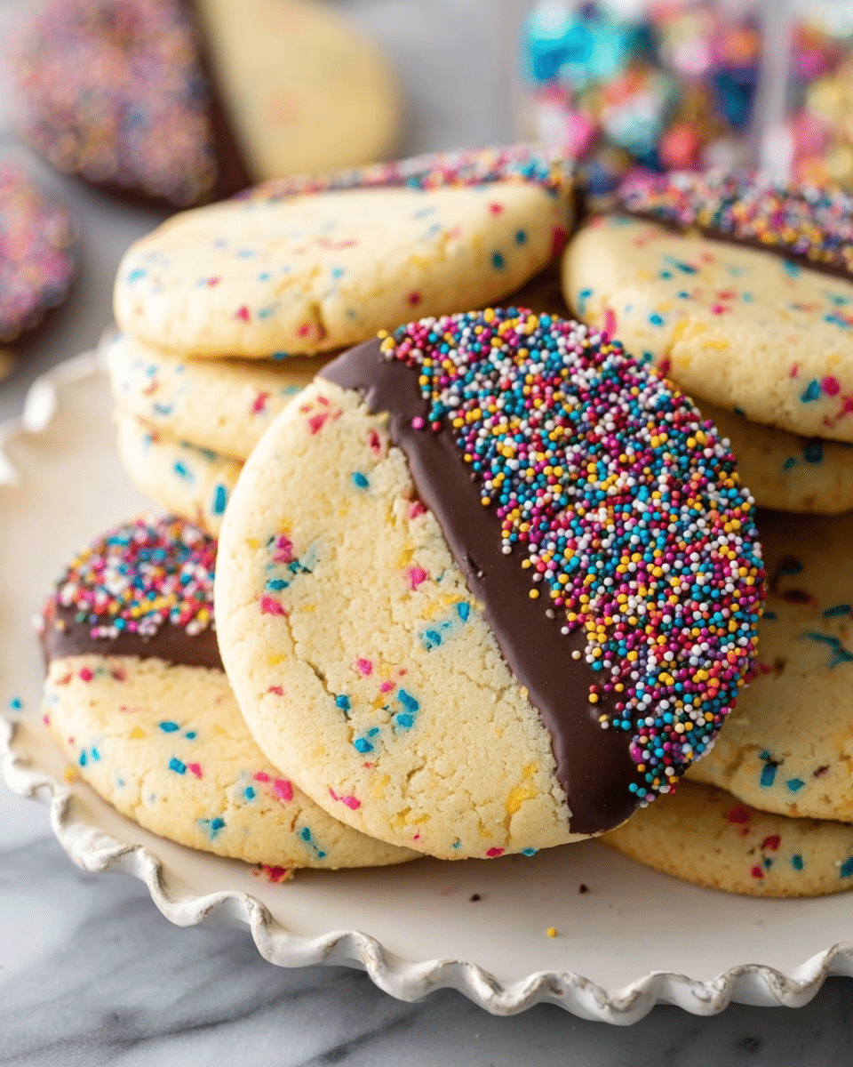 The image shows round cookies laid on a white plate with scalloped edges, placed on a white marbled surface. Each cookie has a light beige color with tiny colorful sprinkles embedded throughout the dough. One cookie is half-covered with smooth dark chocolate, topped with small rainbow sprinkles scattered over the chocolate layer. Another cookie is fully covered on one side with a thick layer of tiny, round, colorful sprinkles, creating a rough texture. The cookies are stacked in layers, with some overlapping and others resting on top, creating a casual, inviting display. Photo taken with an iphone --ar 4:5 --v 7