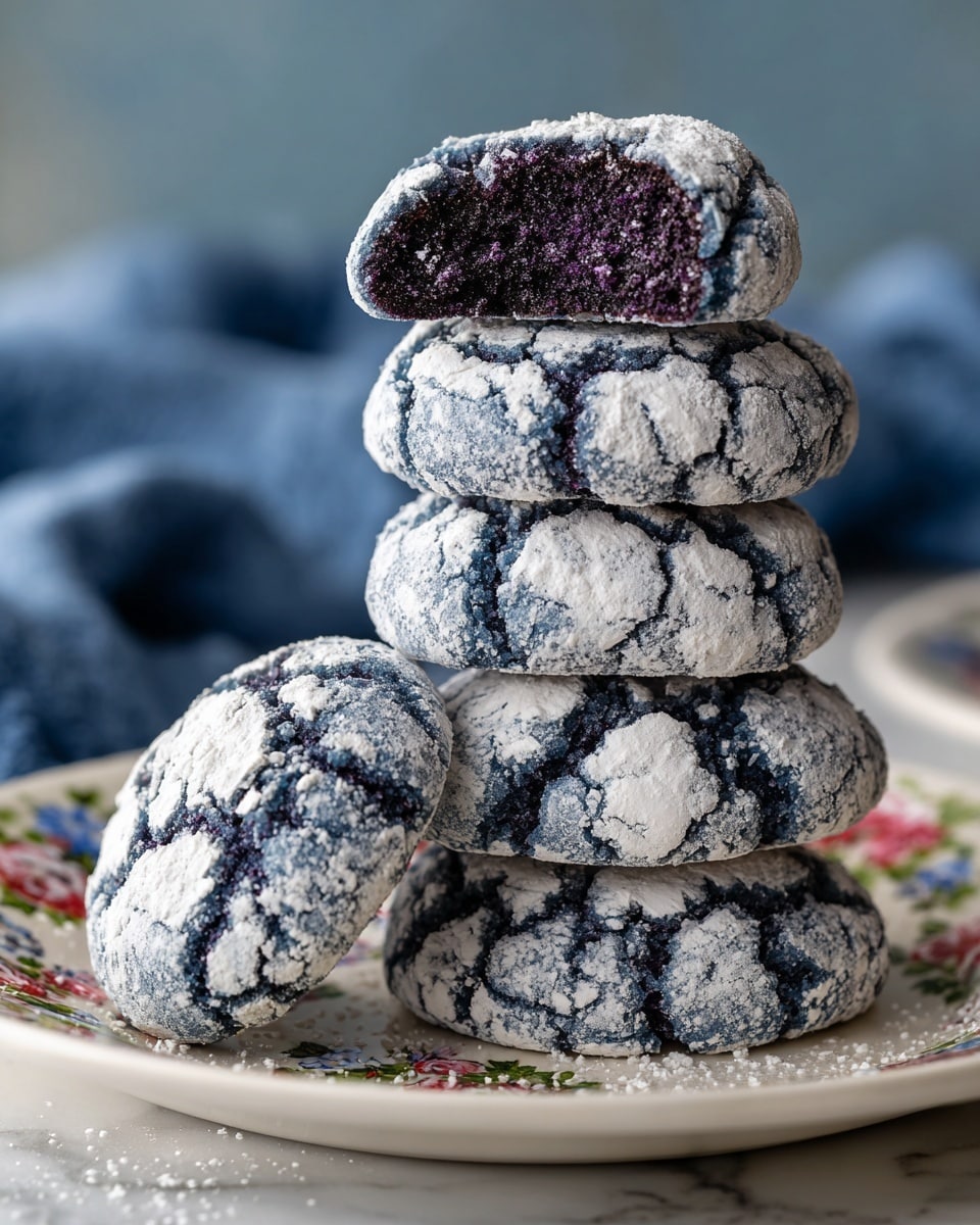 The image shows a stack of seven round crinkle cookies on a white plate with a floral pattern, placed on a white marbled surface. Each cookie has a cracked outer layer covered in white powdered sugar, revealing a dark blue almost black dough underneath. The top cookie is broken in half, exposing a moist, dense, blue-purple interior with a slightly grainy texture. Two whole cookies lie flat in front of the stack, one directly on the plate and the other leaning against the stack, showing the same cracked sugary surface with deep blue cracks. The background features a blurred blue cloth. Photo taken with an iphone --ar 4:5 --v 7