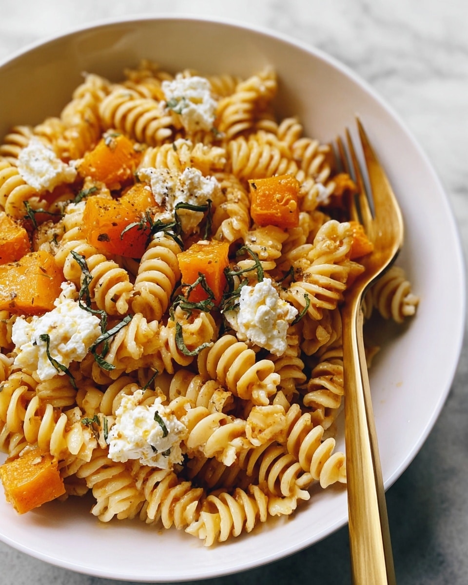 A white bowl filled with rotini pasta cooked to a light golden color, mixed with small cubes of bright orange butternut squash scattered evenly throughout. On top, there are dollops of soft white cheese, slightly browned in spots, and thin strips of dark green fresh herbs sprinkled across the dish. A shiny gold fork rests on the right side of the bowl, contrasting with the pasta and adding warmth. The bowl is placed on a white marbled surface. photo taken with an iphone --ar 4:5 --v 7