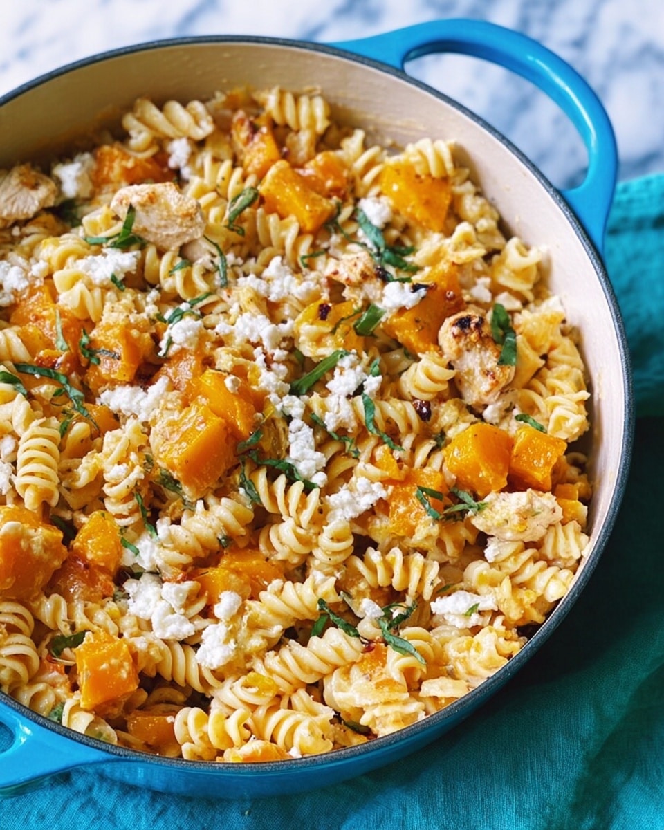 A close-up of a white pot filled with rotini pasta mixed with orange chunks of roasted squash and small pieces of grilled chicken. The pasta has a creamy sauce that gives it a light yellow color. Scattered on top are white crumbles of cheese and thin strips of green herbs. The pot has blue handles and is placed on a turquoise cloth over a white marbled surface. photo taken with an iphone --ar 4:5 --v 7