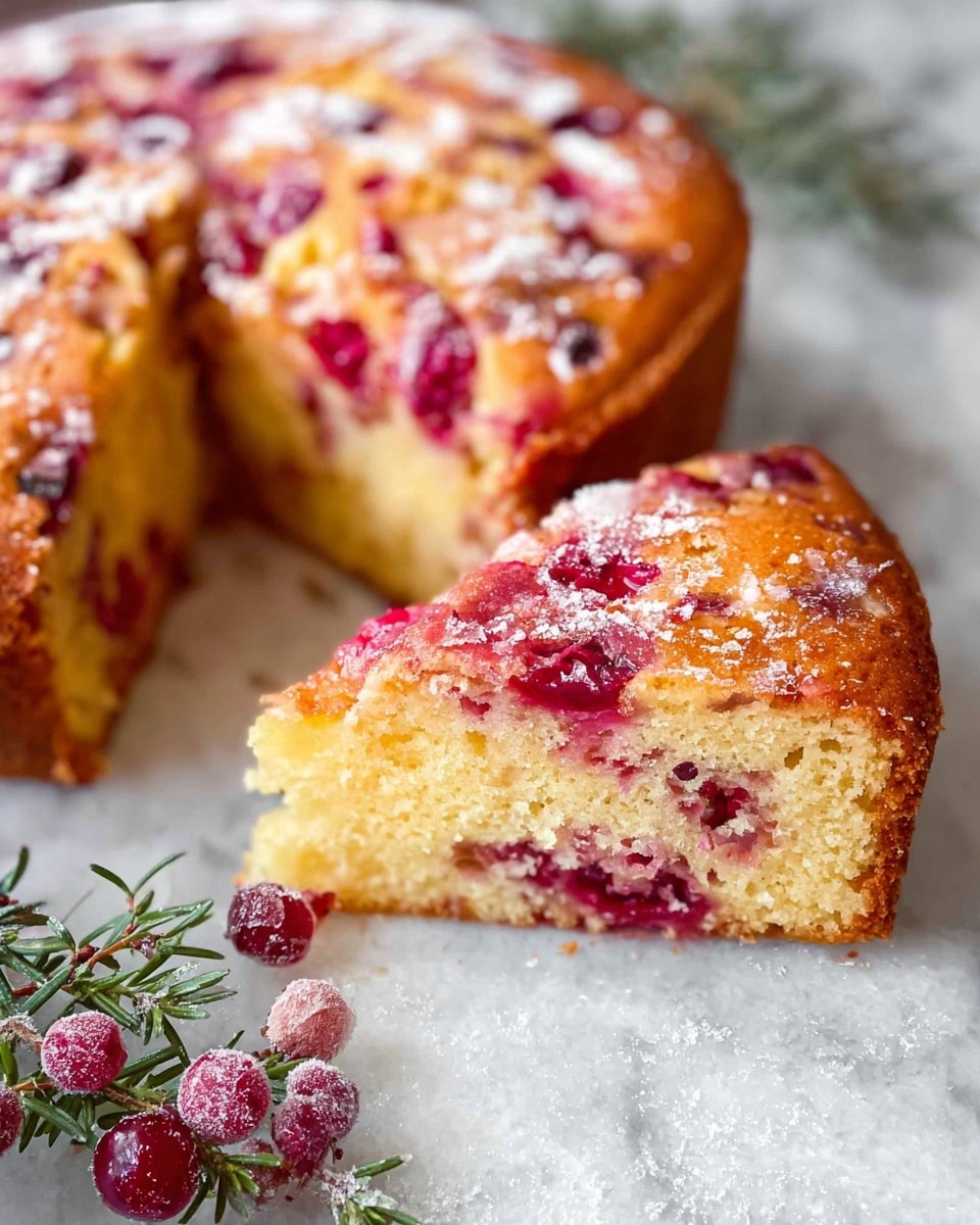 The image shows a close-up of a thick, round cake with a golden-brown crust and a soft inside filled with bright red berries scattered throughout. One slice is cut out and placed in the front, showing the dense, moist texture and the rich berry pieces inside. The cake rests on a white marbled surface with some frosty green sprigs and sugared red berries lying nearby, adding a festive look. The top layer is detailed with a slight shiny glaze and a baked, uneven surface. Photo taken with an iphone --ar 4:5 --v 7