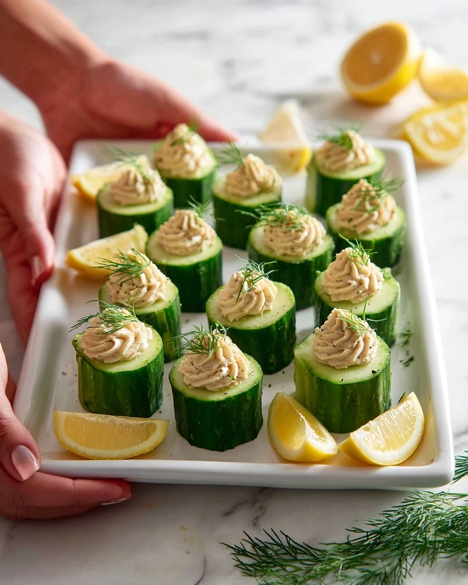 A white tray filled with several cucumber cups, each made of thick green cucumber slices hollowed out and filled with a creamy beige filling piped in a swirl on top. Small sprigs of fresh green dill are placed on each filled cucumber, and small yellow lemon wedges are scattered among them on the tray. Woman's hands are holding the tray, and the tray sits on a white marbled surface with lemon halves and dill sprigs around it. photo taken with an iphone --ar 4:5 --v 7