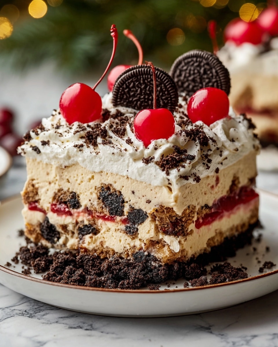 This dessert has five visible layers sitting on a white plate with a thin brown edge, placed on a white marbled surface. The bottom layer is a dark crumbly chocolate cookie base with loose crumbs around it. Above that is a creamy light beige layer mixed with pieces of crushed cookies. The middle layer is made of dark cookie pieces, topped by a layer of smooth off-white cream with a bright red jelly or fruit layer just above it. The top layer is fluffy white whipped cream sprinkled with chocolate cookie crumbs, decorated with three whole bright red cherries and two small round chocolate cookies standing upright on top. Photo taken with an iphone --ar 4:5 --v 7