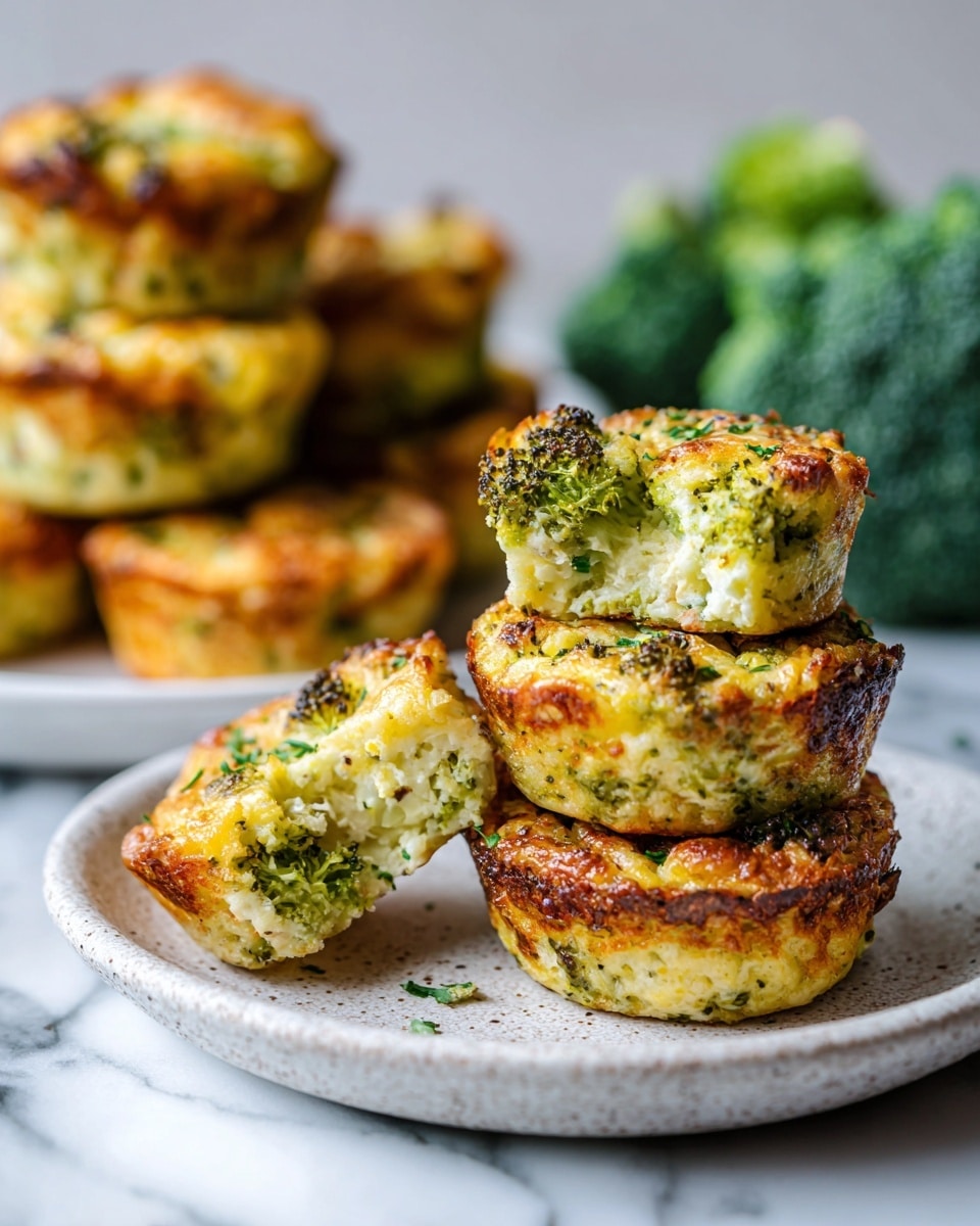 A close-up view of several small broccoli cheese bites stacked on a white plate with a rough texture, showing a light golden crust with green broccoli pieces and specks of herbs throughout each bite; one bite is broken in half, revealing a soft, cheesy interior with mixed green broccoli bits inside. In the background, more broccoli cheese bites are piled on another white plate, with fresh full broccoli heads behind them, all set on a white marbled surface. The light highlights the texture and colors of the bites and broccoli clearly. photo taken with an iphone --ar 4:5 --v 7