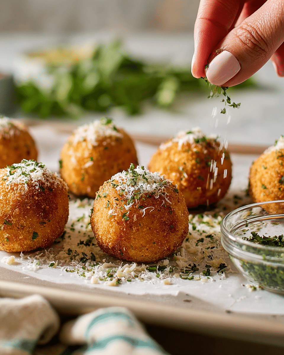 There are seven golden brown, crispy round balls arranged on a white tray, with some sprinkled light green herbs and white grated cheese on top and around them. A close-up of a woman's hand is shown sprinkling more green herbs and cheese over the closest ball in the center. On the right side of the tray, there is a clear glass bowl holding extra green herbs and cheese. The background features a soft focus of green plants and cloths on a surface with a white marbled texture. photo taken with an iphone --ar 4:5 --v 7