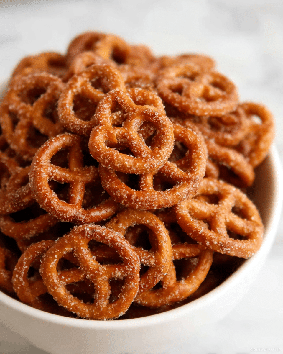 A close-up view of a white bowl filled with multiple small pretzels coated with a light dusting of seasoning, showing their golden brown color and crunchy texture; the pretzels are stacked unevenly inside the bowl sitting on a white marbled surface, and the background is softly blurred, focusing entirely on the pile of pretzels. photo taken with an iphone --ar 4:5 --v 7