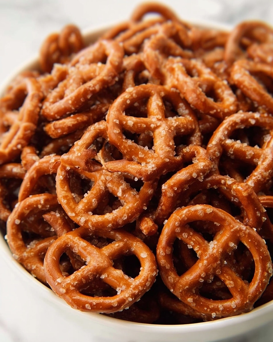 A close-up view of a white bowl filled with many small, crunchy pretzels covered in visible salt crystals and light seasoning powder. The pretzels are tightly packed, showing their twisted shapes with a glossy brown surface. The background has a white marbled texture, giving the image a clean and simple look. photo taken with an iphone --ar 4:5 --v 7