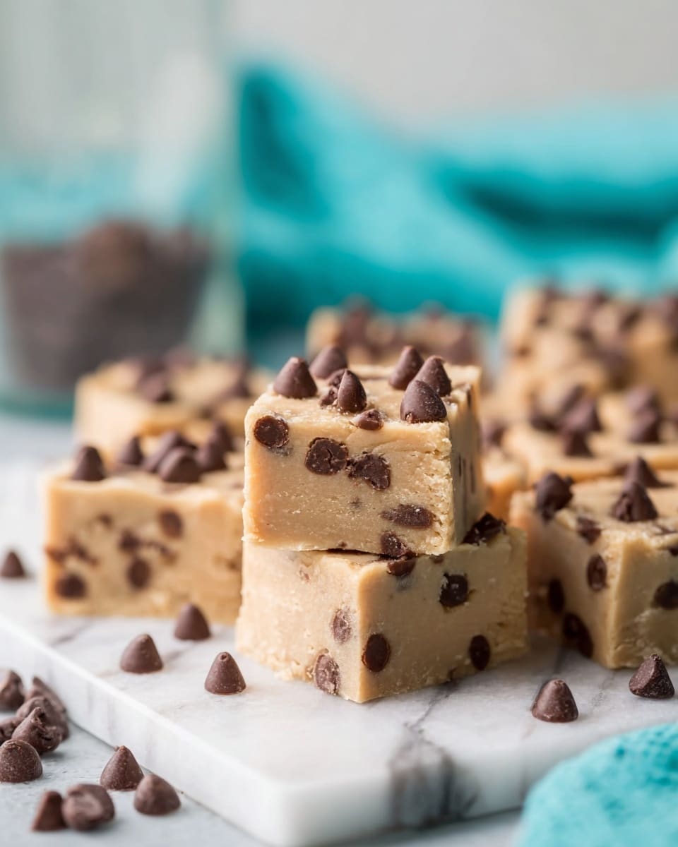 Several light brown fudge squares speckled with small dark chocolate chips are arranged on a white marbled surface, with loose chocolate chips scattered around them. Each fudge piece is thick with a smooth texture, and the top layer is decorated with more chocolate chips, some larger and some smaller, giving a slightly uneven but inviting look. The background shows a blurred teal cloth and a glass container, adding soft colors to the scene. photo taken with an iphone --ar 4:5 --v 7