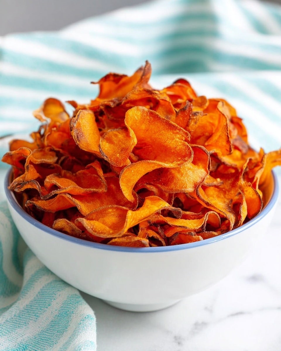 A white bowl filled with many crispy, curled, bright orange sweet potato chips that have some darker brown edges, showing they are well cooked. The chips are piled high, overflowing the bowl, and some chips are scattered around the base of the bowl on a white marbled surface. In the background, there is a soft, blurred cloth with light green and white stripes. Photo taken with an iphone --ar 4:5 --v 7