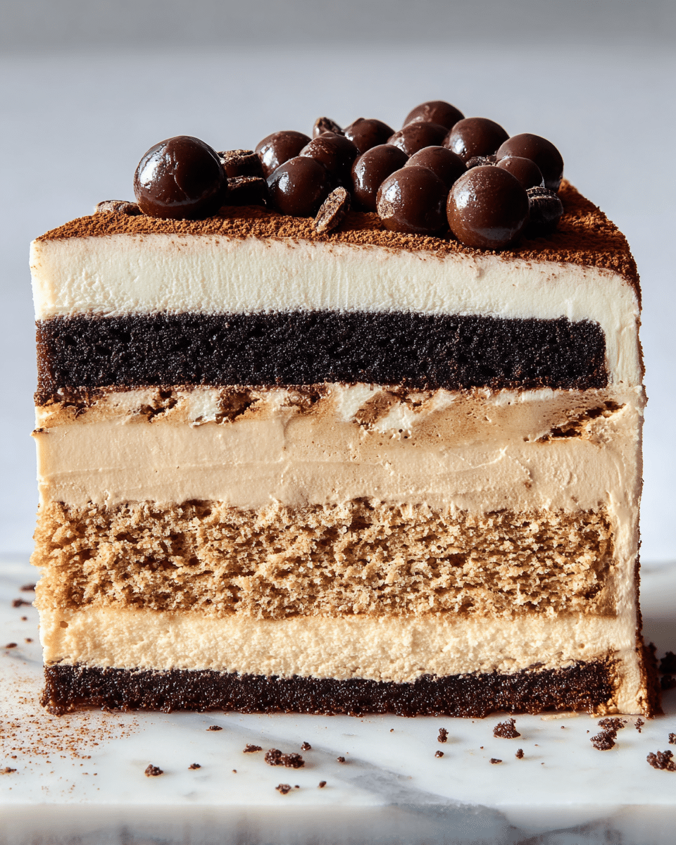 A slice of multi-layered cake sits on a white marbled surface, showing seven distinct layers. From bottom to top, there is a thin dark chocolate base layer, followed by a creamy light beige layer with a smooth texture. Above that is a thick, nearly black chocolate ganache layer, then another light beige cream layer, then another dark chocolate cake layer, topped with a dusting of brown cocoa powder. The cake is covered on top with a thick creamy white frosting, decorated with round, shiny dark chocolate balls scattered unevenly on one half. Photo taken with an iphone --ar 4:5 --v 7