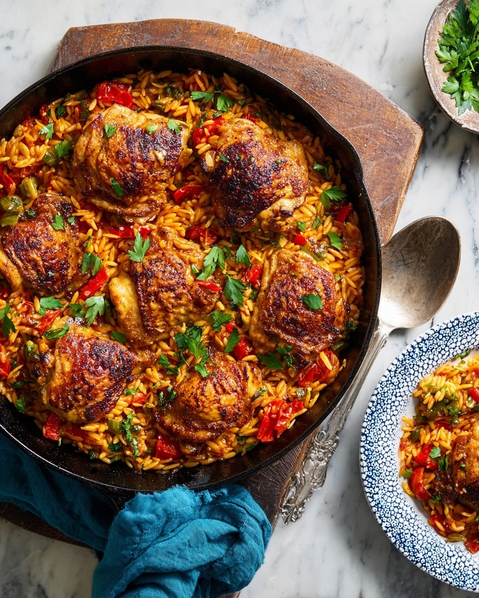 A black cast iron pan filled with a colorful dish featuring five browned chicken thighs arranged on top of a bed of orange-red orzo mixed with bright red cherry tomatoes, small green herb pieces, and bits of red pepper; scattered green parsley leaves are placed both on the orzo and chicken, adding fresh contrast. A white plate with a blue dotted rim holds a serving of the same dish to the right, set on a white marbled surface, with a blue cloth napkin partially beneath the pan's handle and a metal serving spoon resting on a brown wooden cutting board nearby. Photo taken with an iphone --ar 4:5 --v 7