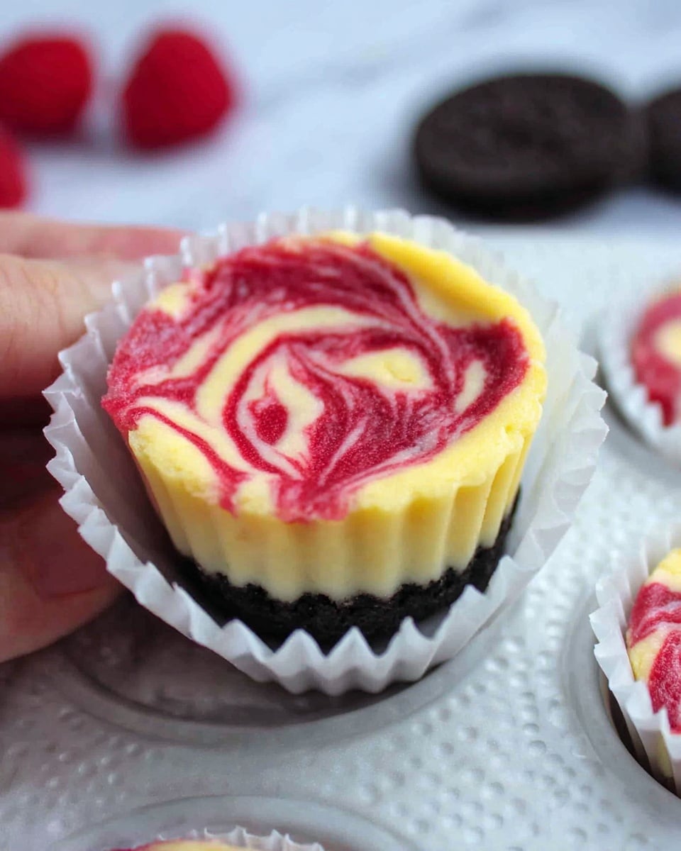 A white paper cupcake liner holds a mini cheesecake with two visible layers: a dark, crumbly Oreo crust at the bottom and a smooth, creamy yellow cheesecake layer on top. The cheesecake surface is marbled with vibrant red swirls, likely raspberry, creating a soft, twisted pattern across the top. The cupcake sits inside a white textured muffin pan, and part of a woman's hand is holding the pan. In the blurred background, a few dark Oreo cookies and red raspberries add color contrast on a white marbled surface. Photo taken with an iphone --ar 4:5 --v 7