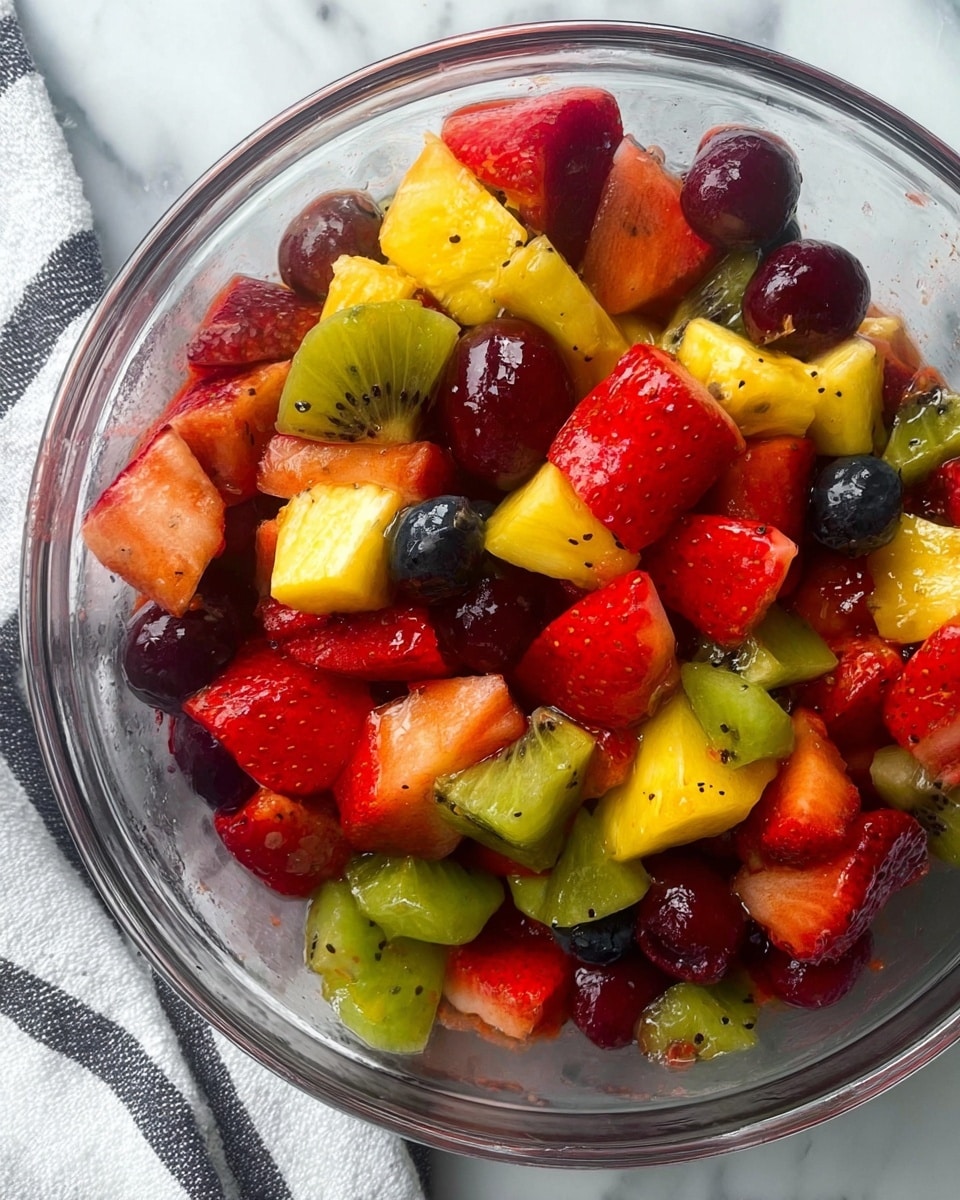 A clear glass bowl filled with a colorful fruit salad consisting of large red strawberry pieces with seeds visible, small dark purple grapes, bright yellow pineapple chunks, small round blueberries, and green kiwi pieces with black seeds. The fruits are mixed closely, showing a variety of shapes and textures, with some strawberry juice slightly coating the fruits. The bowl sits on a white marbled surface with a striped cloth partially visible at the edge. photo taken with an iphone --ar 4:5 --v 7