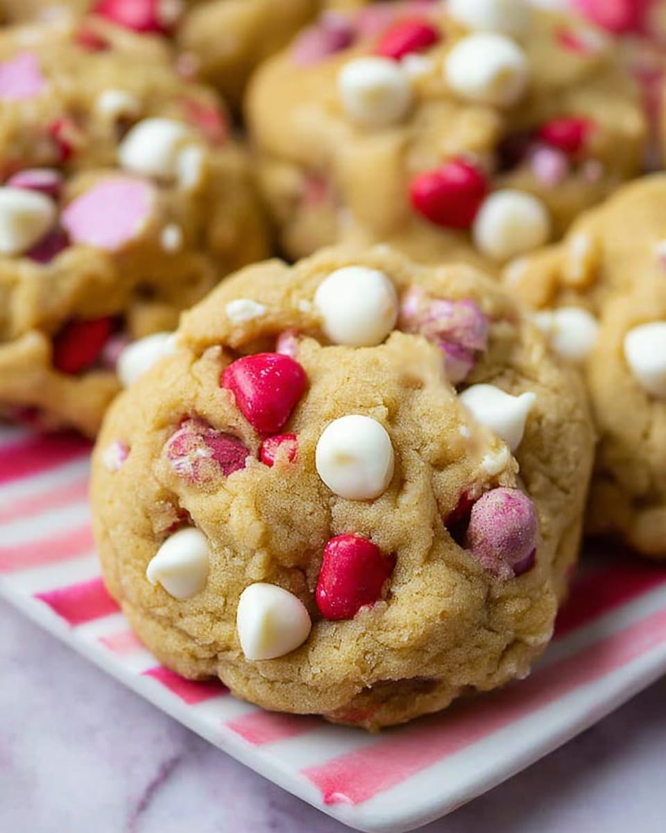 The image shows a close-up of soft, golden brown cookies loaded with colorful candy-coated chocolate pieces and white chocolate chips. Each cookie has a slightly uneven, chunky texture, with the candies and chips both embedded and sticking out on the top and sides. The candies are mostly red, pink, and white, creating a bright contrast with the warm cookie dough. The cookies are placed closely together on a white plate with pink stripes. The background is a white marbled texture. photo taken with an iphone --ar 4:5 --v 7