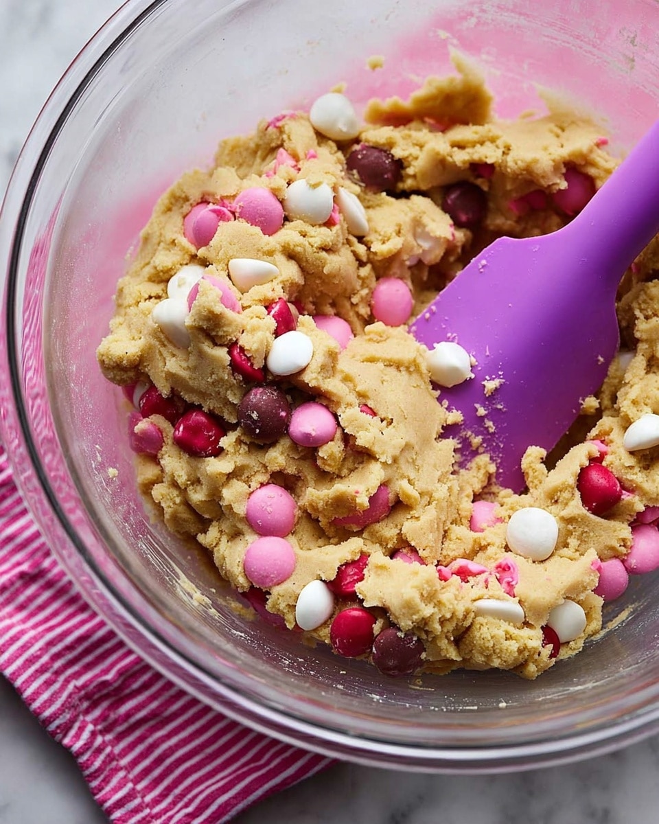The image shows a large clear glass bowl filled with thick cookie dough mixed with pink, white, and dark red candy-coated chocolates. The dough is light golden brown with a crumbly and soft texture, and the colorful candies are scattered throughout the dough, adding bright pops of color. A purple silicone spatula is partially sunk into the dough, standing at an angle inside the bowl. The bowl sits on a white marbled surface with a pink and white striped cloth partially visible underneath. photo taken with an iphone --ar 4:5 --v 7