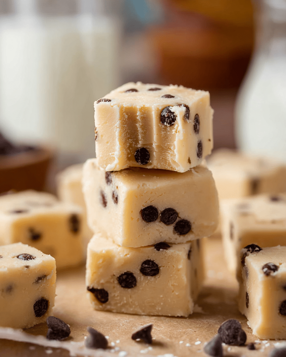 Three square pieces of creamy, pale beige fudge with dark chocolate chips are stacked in the center. The top piece has a bite taken out, showing its soft, smooth texture inside. Surrounding the stack are more similar fudge squares scattered, all resting on a light brown surface. The background is softly blurred with hints of white shapes and a glass of milk. photo taken with an iphone --ar 4:5 --v 7
