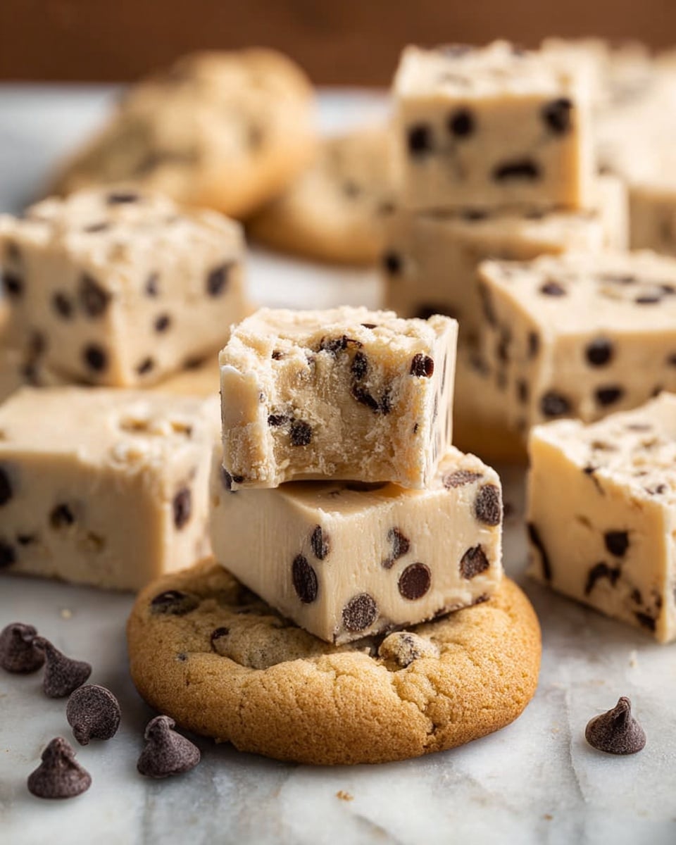 The image shows several pieces of light cream-colored fudge with dark chocolate chips mixed inside, arranged on a white marbled surface. The fudge pieces are mainly rectangular, but one piece is cube-shaped with a bite taken out of it, placed on top of a round, golden-brown chocolate chip cookie that appears slightly soft and chewy. In the background, more fudge pieces and cookies are arranged in a casual way, creating depth. The focus is on the bitten cube of fudge and the cookie beneath it, showing clear textures of softness and chocolate chips. Photo taken with an iphone --ar 4:5 --v 7
