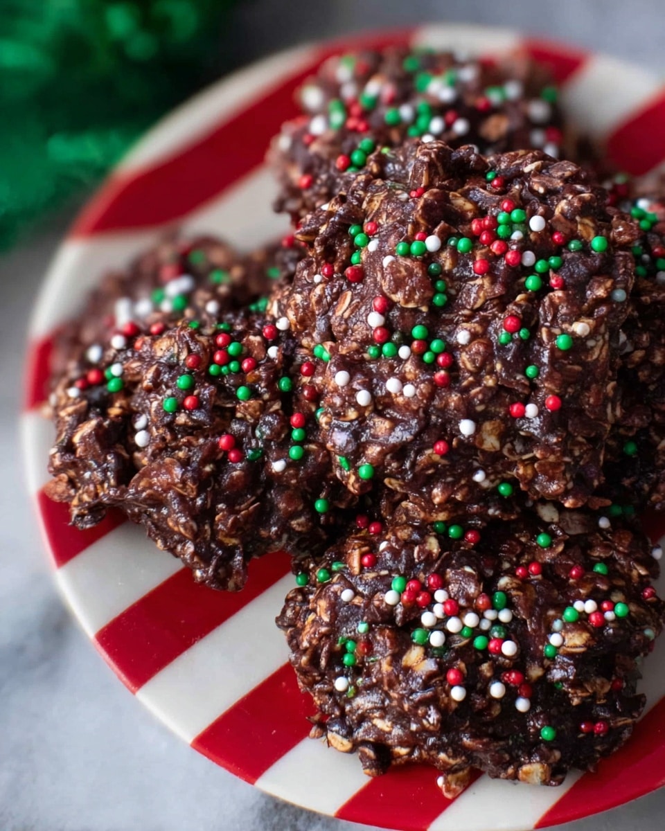 The image shows close-up round chocolate treats covered in a textured layer of oats mixed with chocolate, giving them a rough and bumpy surface. Each piece is decorated with small round red, green, and white sprinkles scattered on top. They are placed on a white plate with red stripes, set against a white marbled background. The lighting highlights the glossy, slightly shiny texture of the chocolate and the matte look of the oats, creating a contrast between smooth and rough surfaces. photo taken with an iphone --ar 4:5 --v 7