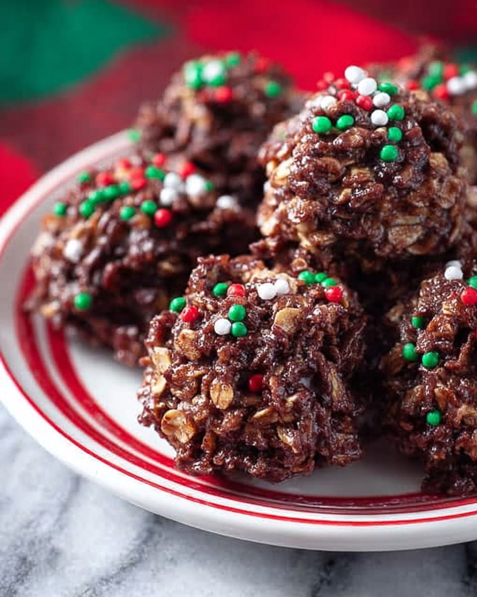 The image shows a close-up of four dark brown, lumpy chocolate no-bake cookies covered with red, white, and green small round sprinkles. The cookies have a rough texture with visible pieces of oats. They are arranged closely on a white plate with red diagonal stripes around the edge. The background features a soft-focus green element, and the surface beneath the plate is a white marbled texture. photo taken with an iphone --ar 4:5 --v 7