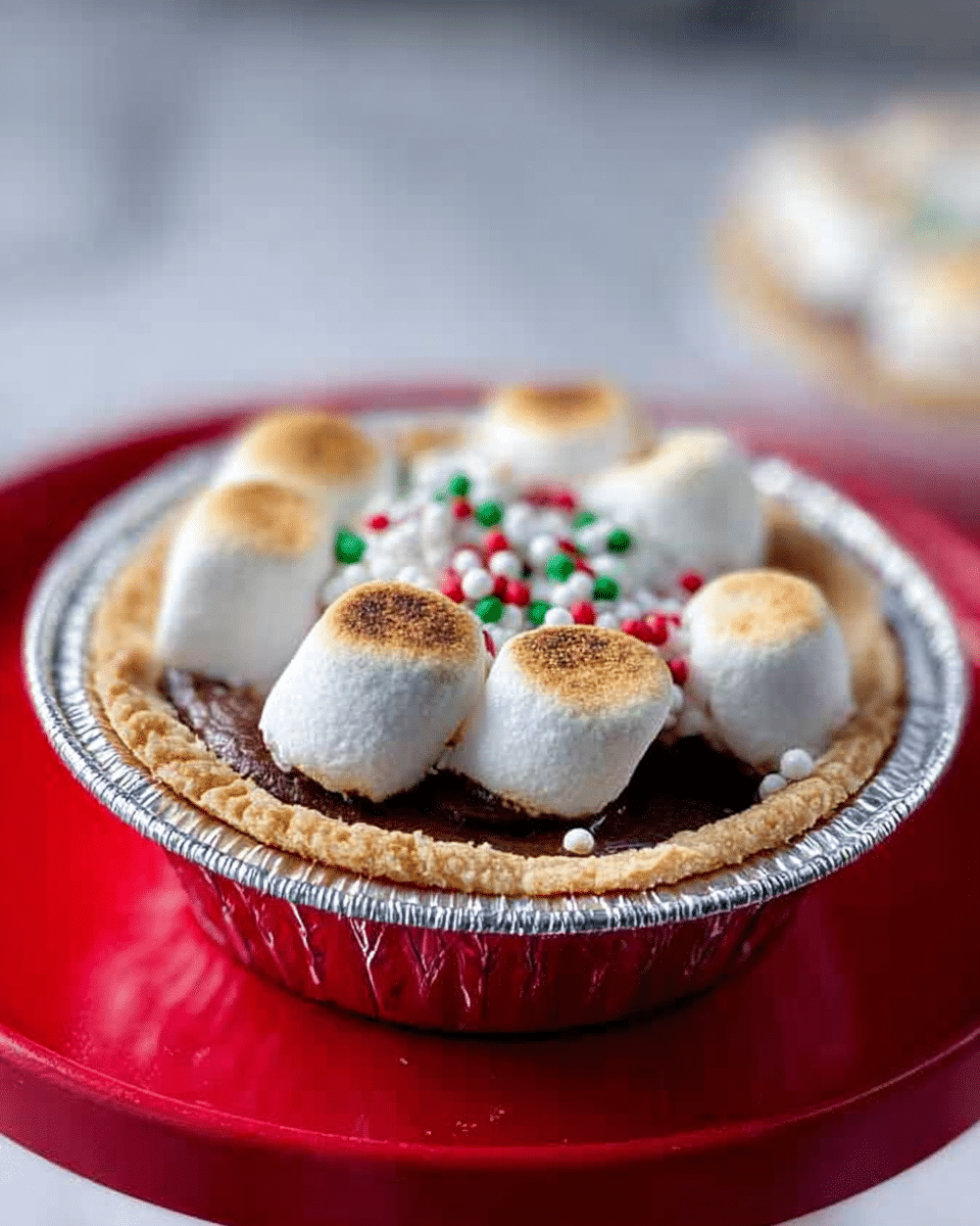 The image shows a small pie in a silver foil cup with three layers. The bottom layer is a light brown crust. The middle layer is dark brown, possibly chocolate. The top layer has white marshmallows that are slightly toasted with golden brown spots. Some red, green, and white round sprinkles are scattered around the marshmallows. The pie is placed on a round red stand against a white marbled textured background. Photo taken with an iphone --ar 4:5 --v 7