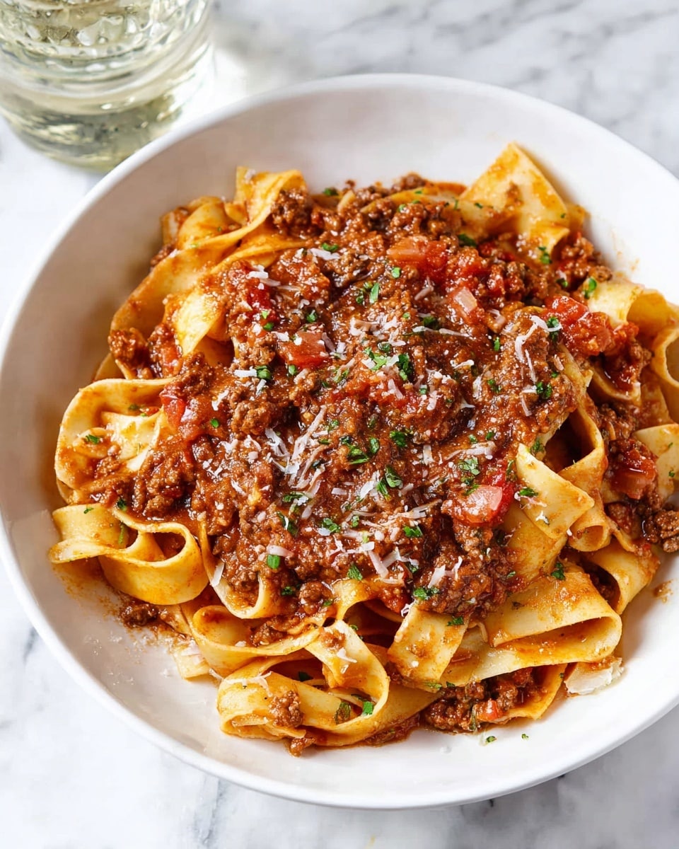 A white shallow bowl holds a dish of wide, flat pasta ribbons that are light golden in color and have a slightly glossy texture. On top, there is a thick layer of meaty tomato sauce with small chunks of browned ground beef mixed with diced onions and bits of tomato, giving a rich reddish-brown and red color contrast. Scattered over the pasta and sauce are small sprinkles of grated white cheese and finely chopped green herbs, adding small pops of white and green on the warm-toned dish. The bowl is set on a white marbled surface and a glass bottle is partially visible in the top left corner. photo taken with an iphone --ar 4:5 --v 7
