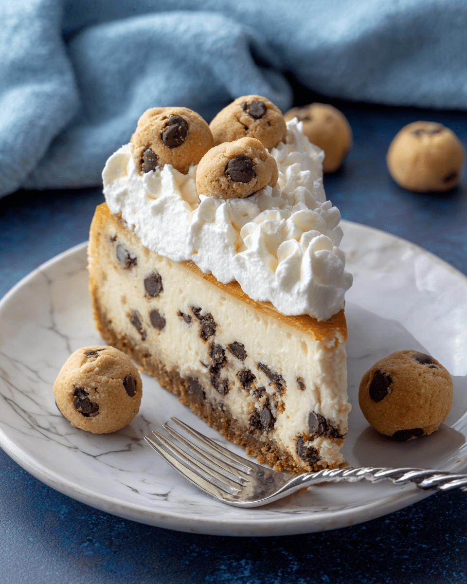 A slice of chocolate chip cheesecake sits on a white plate, showing three layers: the bottom crumbly golden crust, the thick creamy cheesecake layer filled with dark chocolate chips, and a top layer of white whipped cream piped around the edge. On top of the whipped cream are two small cookie dough balls with visible chocolate chips. Three more cookie dough balls are scattered on the plate — one near the cheesecake and two in the background. A silver fork with a twisted handle lies on the plate near the front. The scene is set on a white marbled surface with a soft blue cloth in the background. Photo taken with an iphone --ar 4:5 --v 7