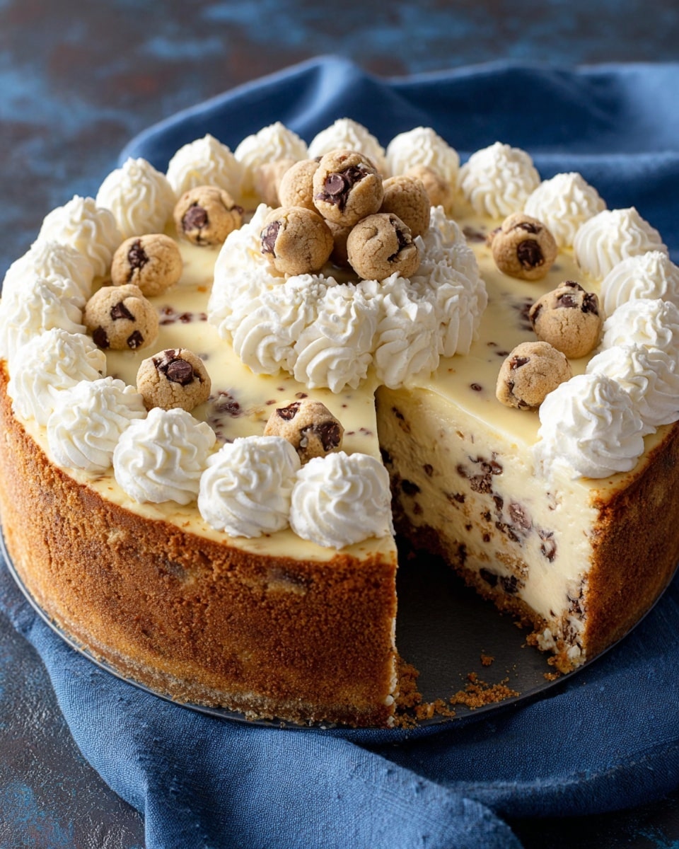 A thick, round dessert with three visible layers sits on a dark textured surface partly covered by a blue cloth. The bottom layer is a dense, golden-brown crust. On top of that is a creamy, pale yellow filling studded with darker chocolate bits, creating a speckled effect. Around the edge of the dessert is a ring of white piped whipped cream with a smooth, fluffy texture. At the center, there’s a mound of more whipped cream, topped with small, round, light brown cookie dough balls that have dark chocolate chips scattered on them. A slice is cut out, showing the smooth cut edges of each layer with the crumbly crust on the bottom. Photo taken with an iphone --ar 4:5 --v 7