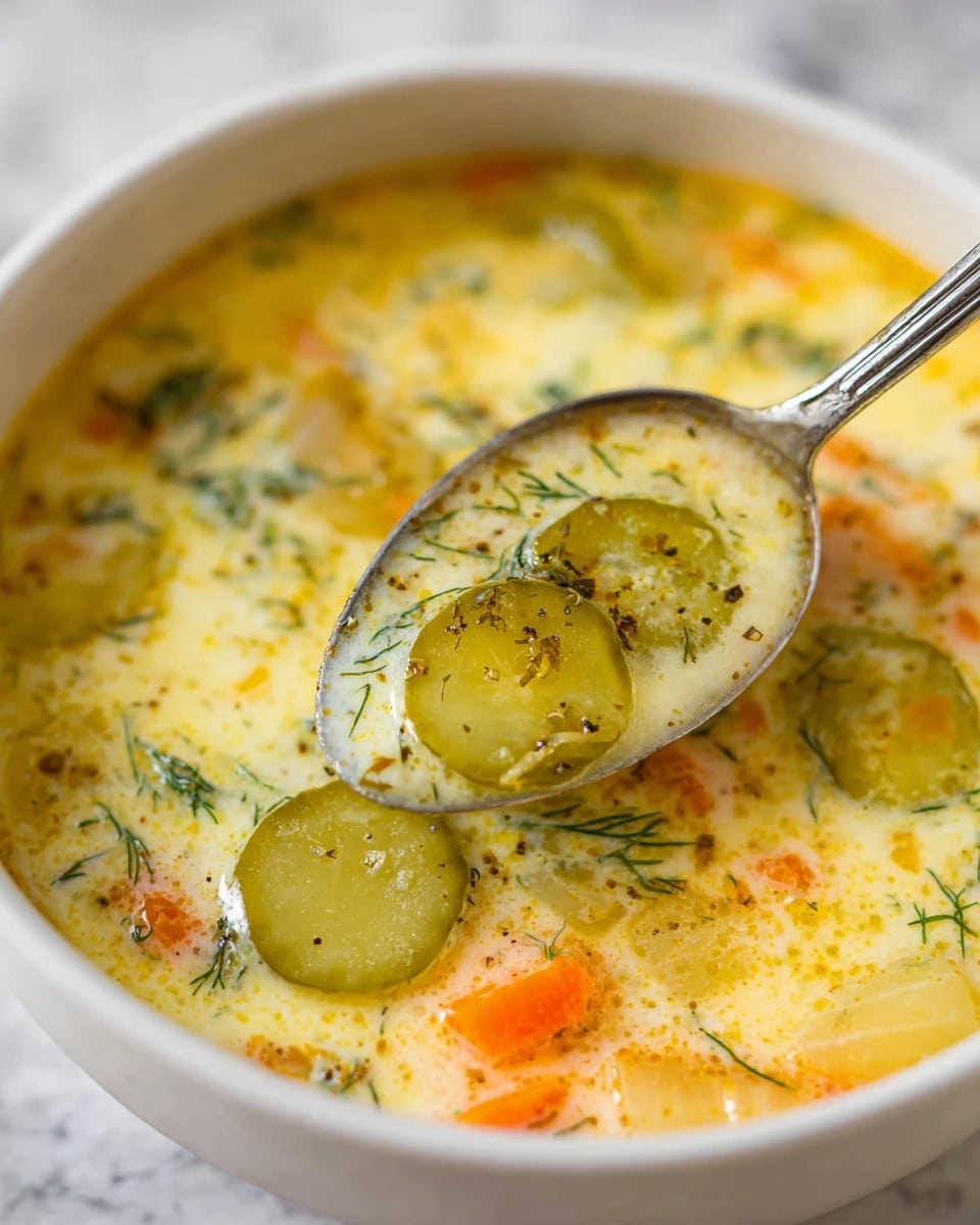 The image shows a close-up of creamy soup in a white bowl, filled with several visible layers including soft yellow broth with small green herbs sprinkled on top, thin round slices of green pickles, and small orange carrot pieces scattered throughout. A silver spoon is lifted from the bowl, holding some pickles and herbs, adding texture to the smooth soup surface. The background features a white marbled texture that contrasts with the warm colors of the soup, making the dish stand out clearly. Photo taken with an iphone --ar 4:5 --v 7