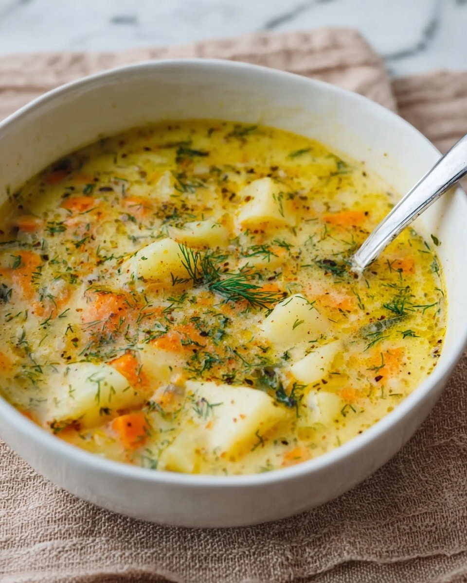 A white bowl filled with creamy soup containing small chunks of white potatoes, orange carrot pieces, and green herbs floating throughout a yellowish broth with visible oil spots on the surface; finely chopped dill is sprinkled on top, and a metal spoon is dipped into the soup, resting on the right side of the bowl, all set on a beige textured cloth with a white marbled background photo taken with an iphone --ar 4:5 --v 7