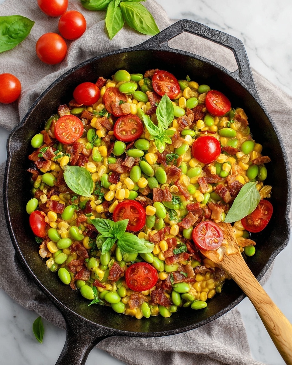 A black cast iron skillet holds a colorful mix of cooked corn kernels, bright green edamame, chopped translucent onions, and crispy brown bacon pieces, all topped with halved and whole red cherry tomatoes and fresh green basil leaves scattered on top, with a smooth light wood spatula resting inside the skillet. The skillet is placed on a soft gray cloth over a white marbled surface, with whole cherry tomatoes and basil leaves nearby. Photo taken with an iphone --ar 4:5 --v 7
