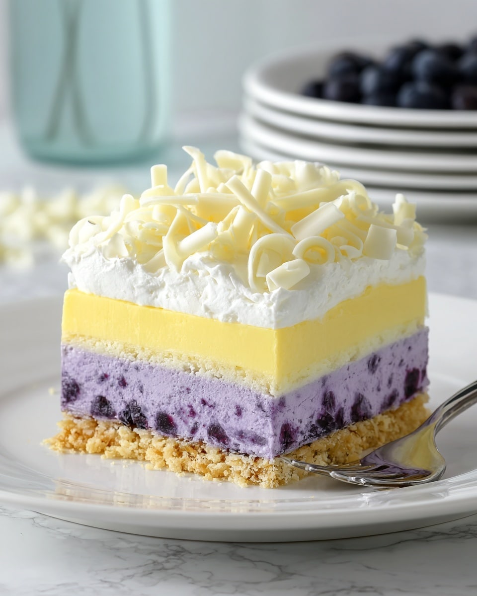 This dessert is a square-shaped layered cake on a white plate with a white marbled background. The bottom layer is a crumbly light golden crust. Above that is a thick layer of purple cream mixed with small darker purple bits, likely berries, giving it a textured look. On top of the purple layer is a smooth, bright yellow layer, followed by a fluffy, white whipped cream layer. The top is covered in many curled white chocolate shavings that add a delicate texture. A silver fork rests on the plate near the bottom right corner, and in the blurry background, there is a stack of white plates with forks and a white bowl filled with dark blueberries. Photo taken with an iphone --ar 4:5 --v 7