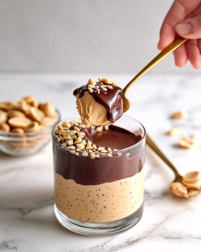 Cottage Cheese Peanut Butter Mousse with Dark Chocolate Drizzle and Chopped Peanuts Recipe