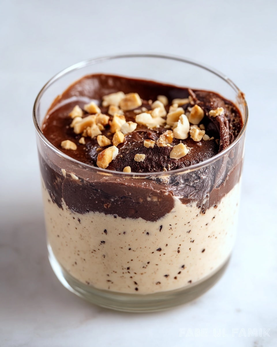 This dessert in a clear glass container has two main layers. The bottom layer is thick and creamy beige with tiny brown specks, smooth and soft in texture. The top layer is a rich, dark brown chocolate spread unevenly, slightly melted and glossy with a few textured spots. On top of the chocolate layer, there are small, chopped light tan nuts scattered around, adding a crunchy look. A scoop is missing on one side, showing some mixing between the creamy beige base and the chocolate layer. The entire glass sits on a white marbled surface. photo taken with an iphone --ar 4:5 --v 7