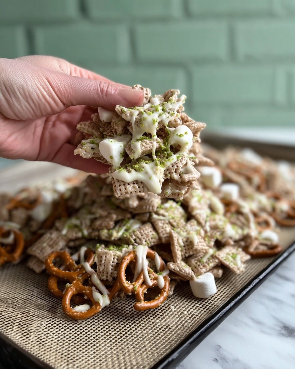 A close-up of a woman's hand holding a cluster-shaped snack mix made of multiple layers, including light brown cereal squares with a rough texture, twisted brown pretzels, and small white marshmallows. All layers are coated with a creamy white drizzle, and the cluster is sprinkled with fine green zest on top. The snack cluster is held above a textured beige baking mat on a black tray, with more of the cereal mix spread out in the background. The setting has a soft, muted green brick wall behind it and a white marbled surface beneath. photo taken with an iphone --ar 4:5 --v 7