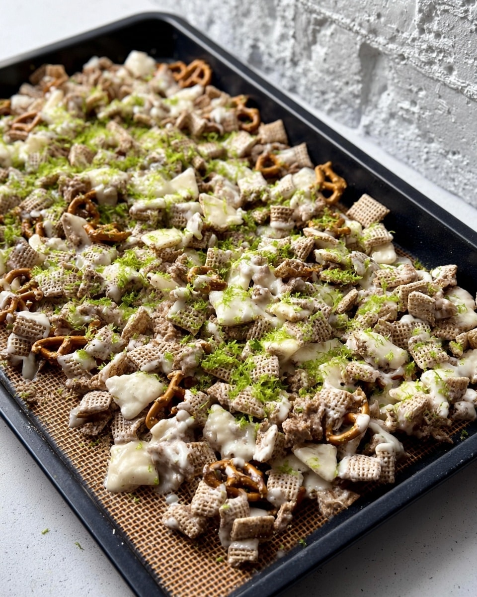 A black baking tray with a textured brown mat is filled with a mix of crunchy pretzels, small white puffed snacks, and light brown cereal pieces all coated in a creamy white sauce. Bright green zest is sprinkled evenly on top, adding color contrast. The whole mix shows a rough, chunky texture with crunchy and soft elements close together. The background is a white marbled surface and a light-colored wall with a rough pattern. photo taken with an iphone --ar 4:5 --v 7