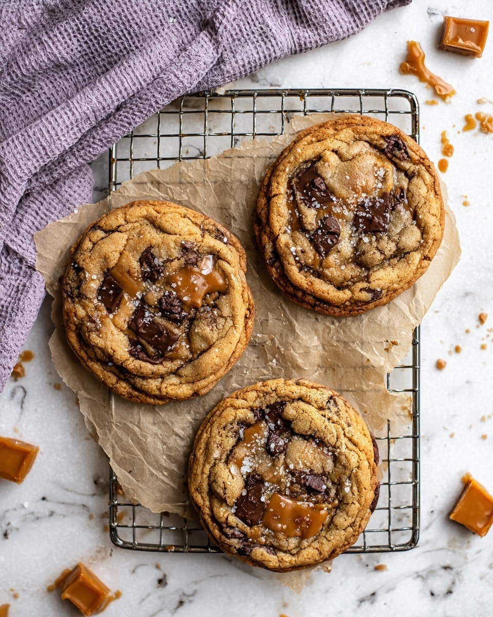 Three large cookies with a golden brown color are on a metal cooling rack lined with parchment paper. Each cookie has visible dark melted chocolate chunks and caramel spots, sprinkled with coarse salt that glistens slightly. The cookies have a soft, chewy texture with slightly crispy edges. The background is a white marbled surface with small caramel pieces scattered around, and a light purple textured cloth partially visible in the top left corner. photo taken with an iphone --ar 4:5 --v 7