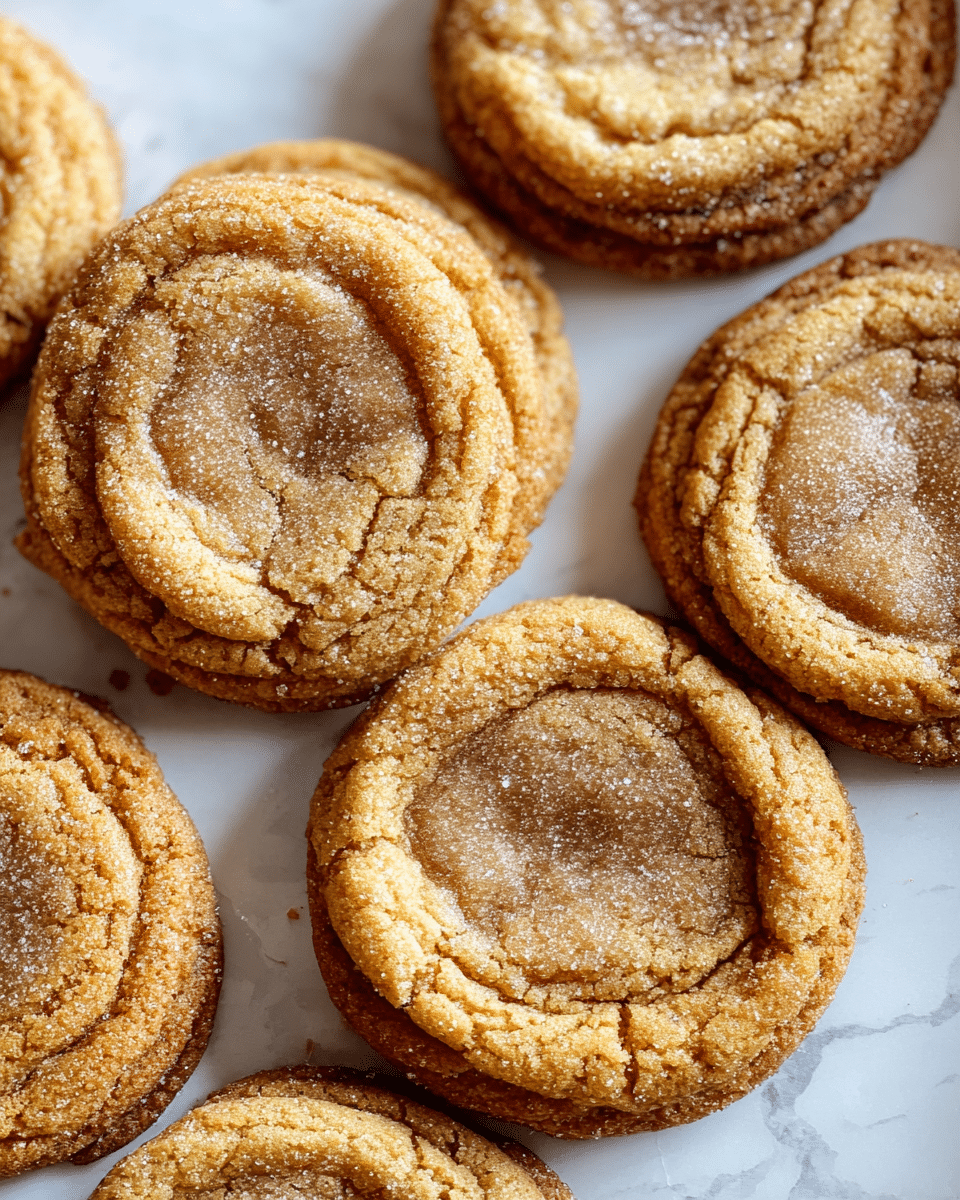 The image shows close-up round cookies laid on a white marbled surface. Each cookie has a thick golden-brown edge with a slightly cracked texture, and a smooth, lighter brown center that appears slightly sunken and soft. The surface of the cookies has a light coating of fine sugar crystals that add a subtle sparkle. The cookies are arranged in a scattered cluster, with some overlapping slightly. The lighting highlights their warm, baked color and texture, making the cookies look fresh and chewy. photo taken with an iphone --ar 4:5 --v 7