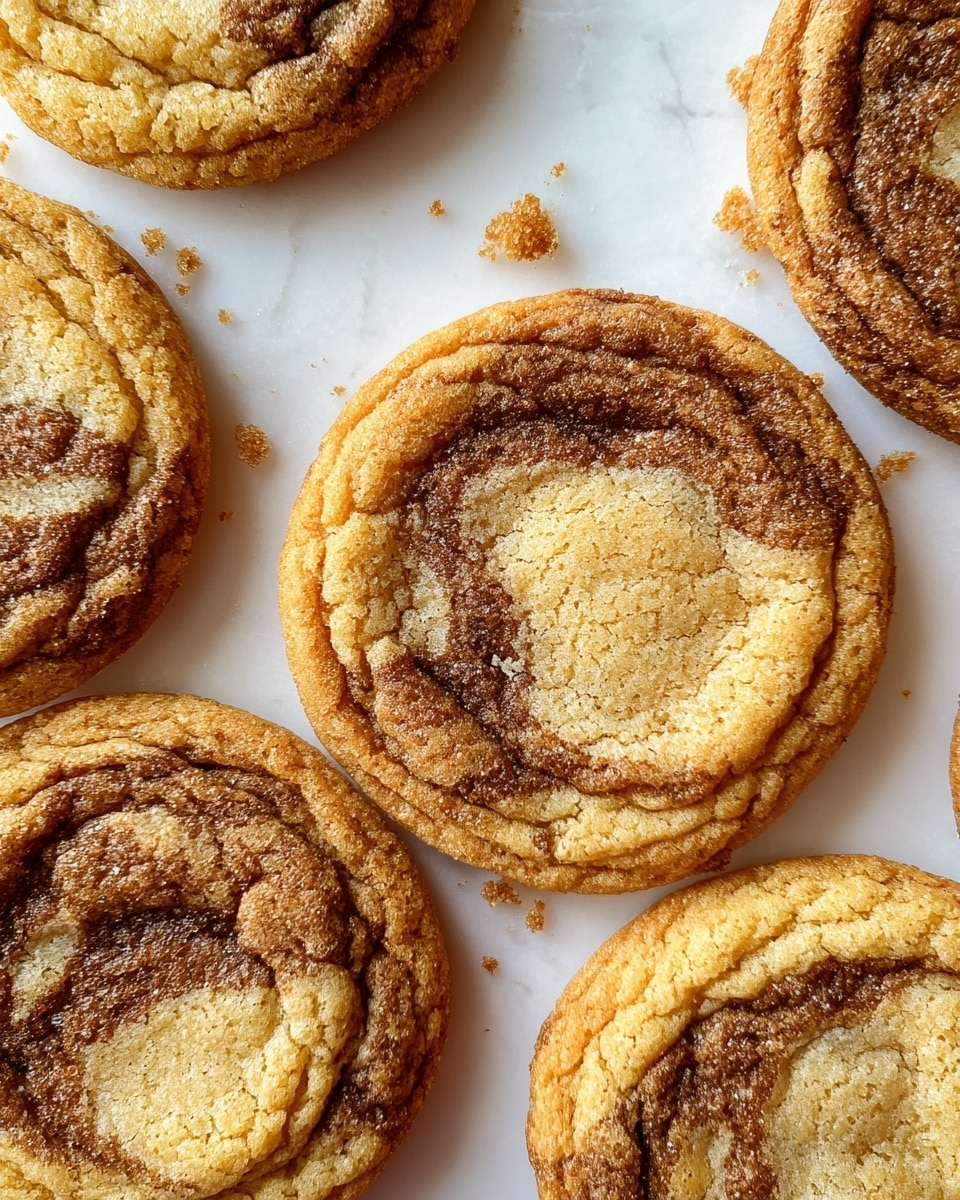 A close-up view of six round cookies with a golden brown color and darker brown swirls in the middle, giving a marbled look to the center of each cookie. The cookies have a cracked, slightly crisp outer edge and a softer, chewier middle. They are placed on a white marbled textured surface with some crumbs scattered around. The lighting highlights the texture and color contrast on the cookies well. photo taken with an iphone --ar 4:5 --v 7