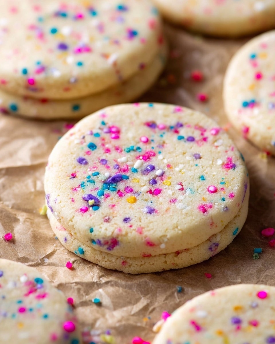 The image shows round sugar cookies with a light beige color, scattered with small, colorful sprinkles in pink, blue, purple, yellow, and white embedded throughout the surface. The cookies have a soft, slightly crumbly texture and are placed on crinkled brown parchment paper. They are thick and layered evenly, with smooth edges and a matte finish. The background is a white marbled texture. photo taken with an iphone --ar 4:5 --v 7