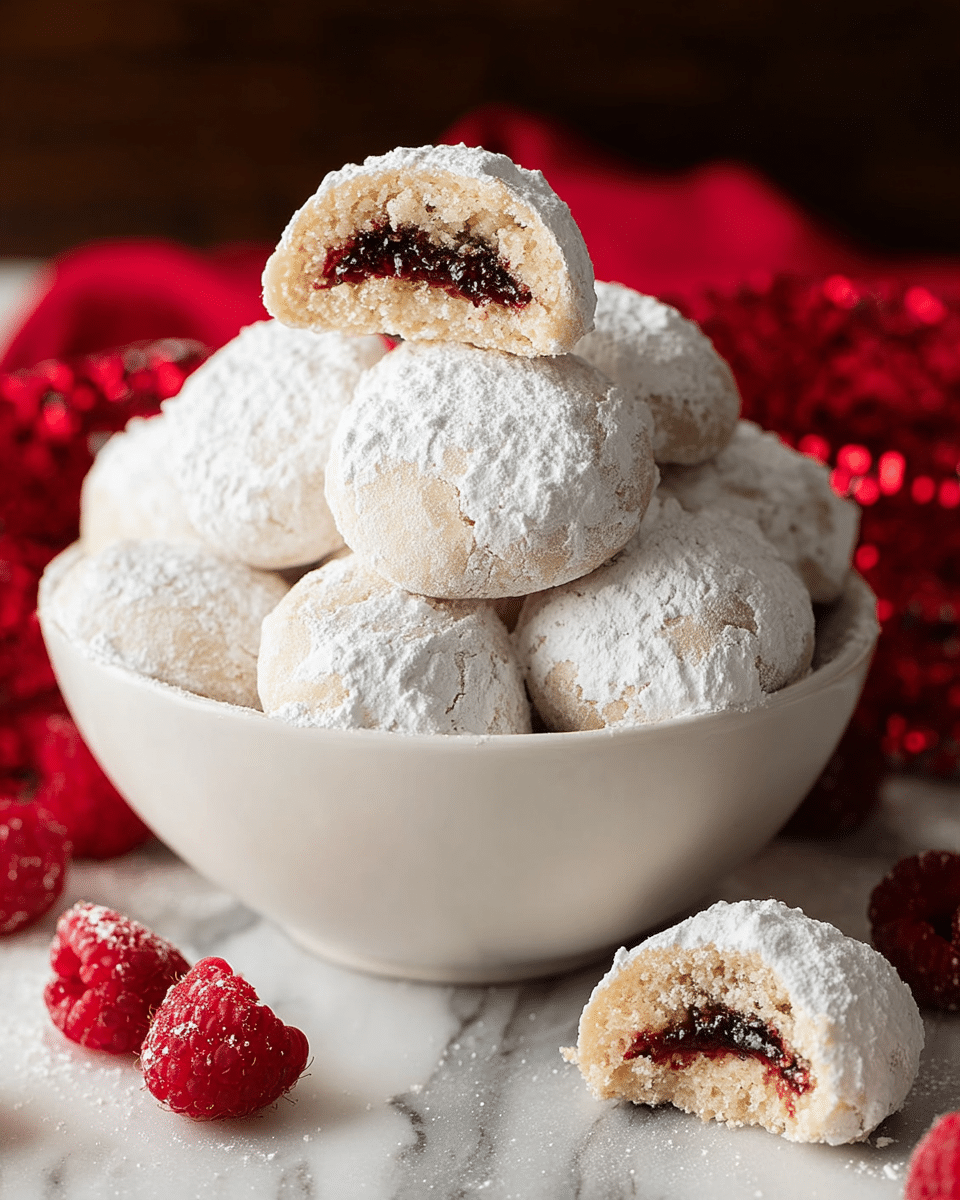 A white bowl filled with a pile of round cookies covered in thick white powdered sugar, giving them a snowy appearance. One cookie on top is broken in half, showing layers inside: a soft beige dough exterior, a dark red jam-like filling in the center, and a crumbly texture. Another half cookie sits near the bowl, also revealing the jam layer, while fresh red raspberries are placed around the bowl. The background is a soft white marbled texture with a red cloth blurred in the distance. photo taken with an iphone --ar 4:5 --v 7