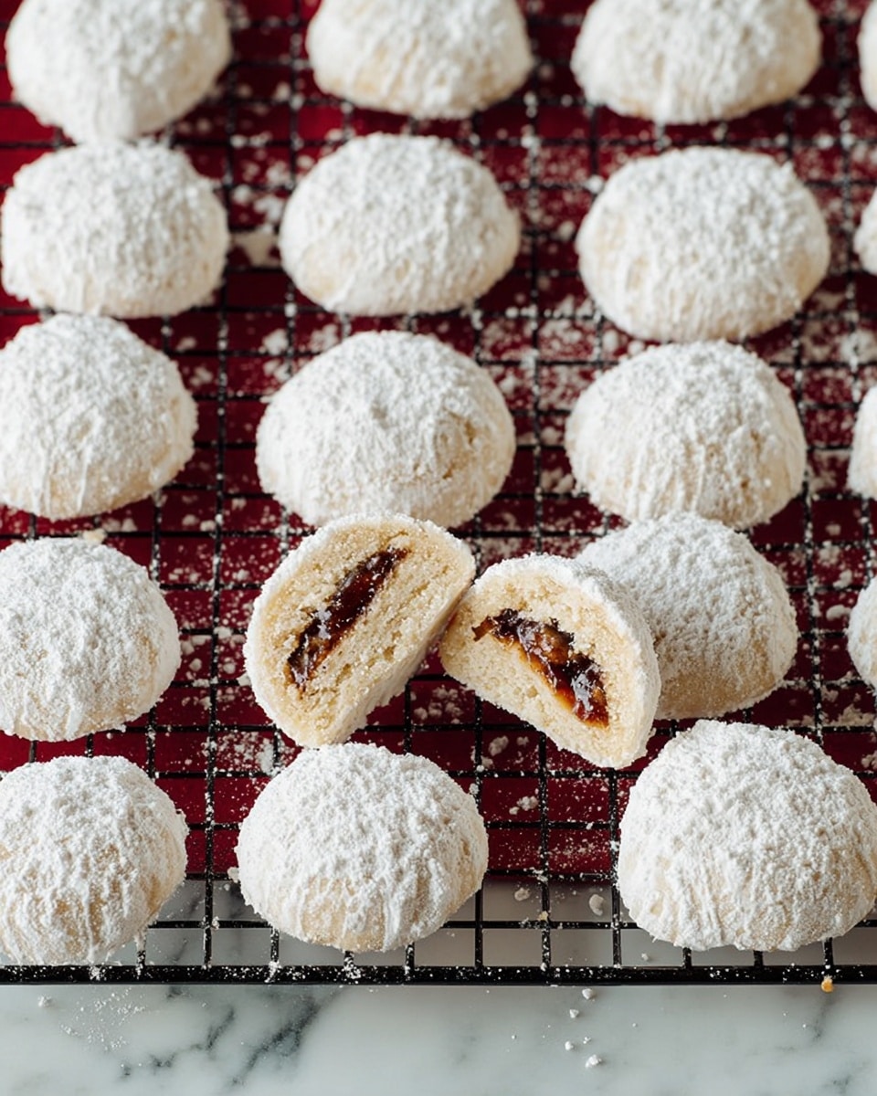 The image shows many round cookies covered in white powdered sugar arranged evenly on a black cooling rack over a white marbled surface. The cookies are pale and have a soft texture, with a thick layer of powdered sugar dusting them. A few cookies are cut open, revealing two layers inside: a light beige dough outer layer that looks crumbly and soft, and a dark brown filling with a slightly glossy texture, possibly fruit or nut based, in the middle. The cookies are placed in neat rows with some crumbs scattered around. Photo taken with an iphone --ar 4:5 --v 7