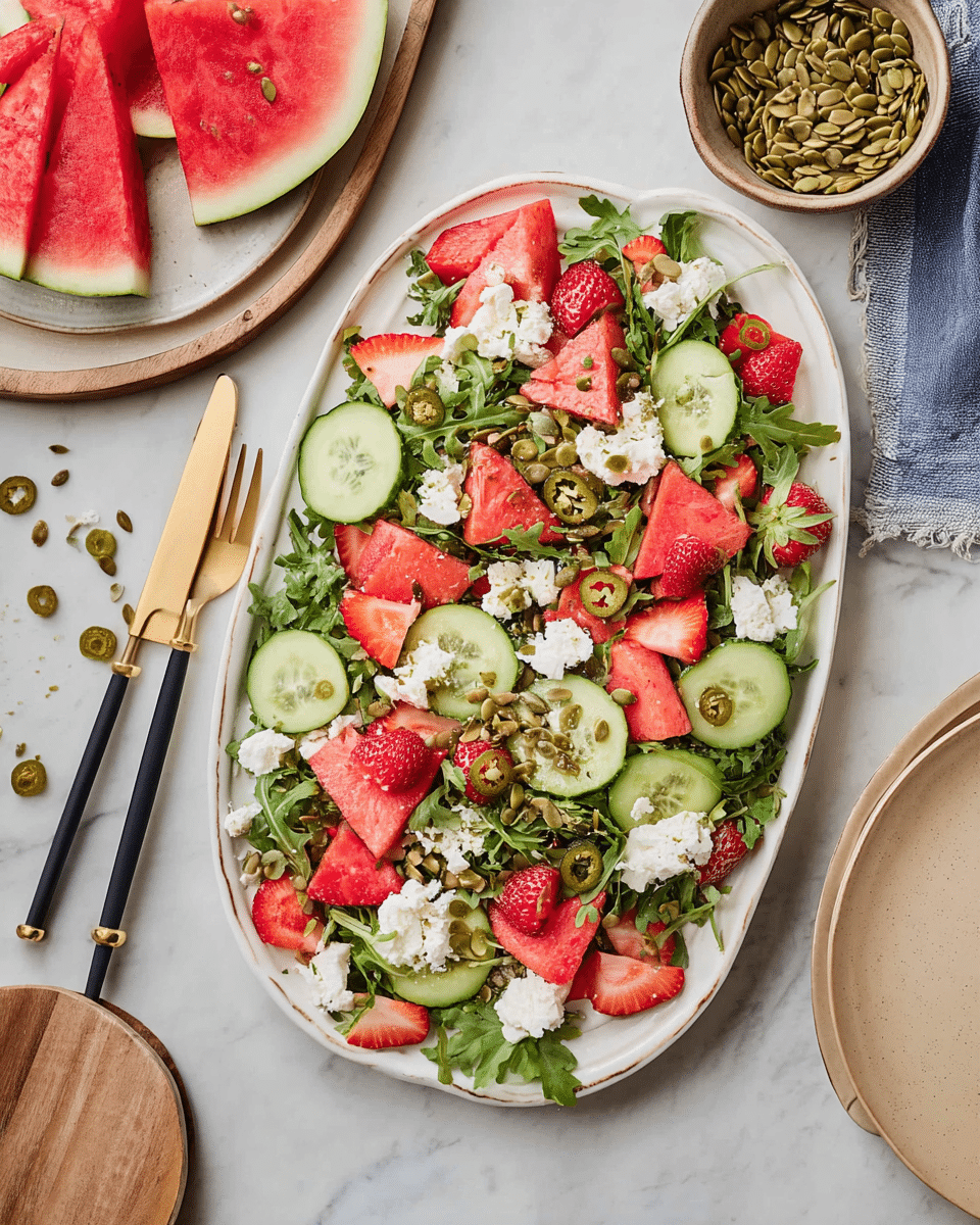 A colorful salad is arranged on a white oval plate, layered with a base of green arugula and parsley leaves. On top, there are round slices of light green cucumber spread evenly, followed by bright red triangular watermelon pieces and sliced strawberries that add a fresh pinkish-red hue. Dollops of white soft cheese are scattered across the salad, and small green slices of jalapeño peppers are placed throughout for a mix of color and texture. The dish is finished with a sprinkle of green pumpkin seeds for crunch. The plate is set on a white marbled surface next to black-handled cutlery with gold accents, a small bowl of pumpkin seeds, and a beige plate with watermelon wedges. photo taken with an iphone --ar 4:5 --v 7