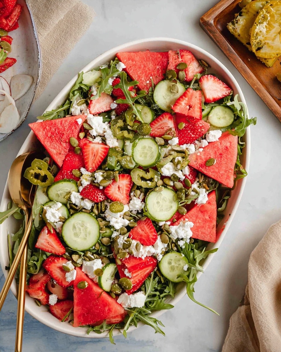 A large white oval bowl filled with a fresh salad sits on a white marbled surface. The salad has multiple layers starting with a base of green arugula leaves, followed by thin round slices of light green cucumber scattered evenly across. On top of this are vibrant red triangular watermelon pieces and sliced red strawberries dispersed throughout. White dollops of soft cheese add a creamy texture in several spots, sprinkled with small green pumpkin seeds and thin slices of green jalapeño peppers. The overall look is colorful and fresh, with a gold serving fork partially visible on the left edge. In the background, there is a glimpse of a wooden tray with a beige cloth and a yellowish food item. photo taken with an iphone --ar 4:5 --v 7