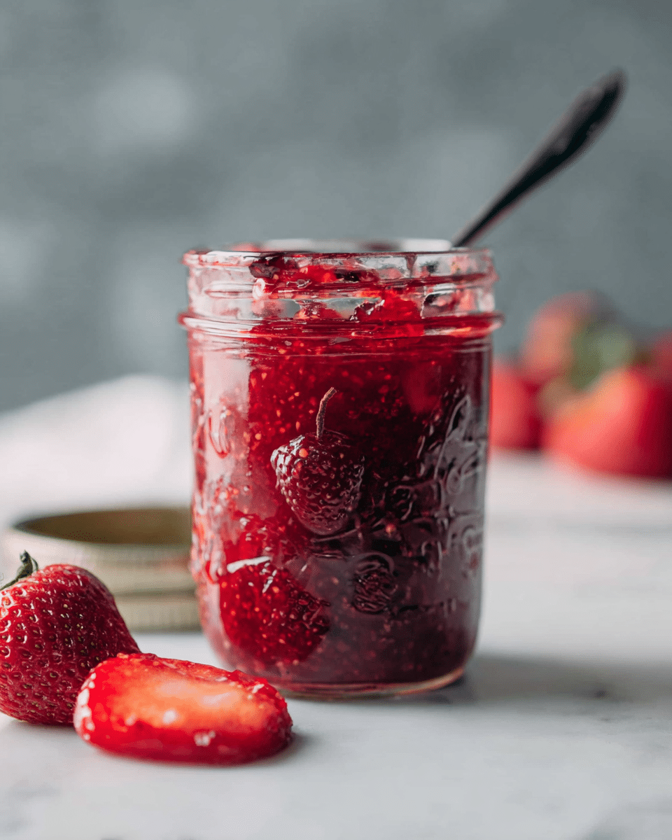 A clear glass jar filled to the top with thick, chunky red strawberry jam, showing visible pieces of strawberries and a slightly glossy, sticky texture. The jar has embossed fruit patterns on its surface. Next to the jar on the white marbled surface are two wedges and one whole fresh strawberry, all deeply red and juicy. A dark spoon handle sticks out of the jam jar, adding contrast to the bright red colors. The background is softly blurred with muted gray-blue tones. photo taken with an iphone --ar 4:5 --v 7