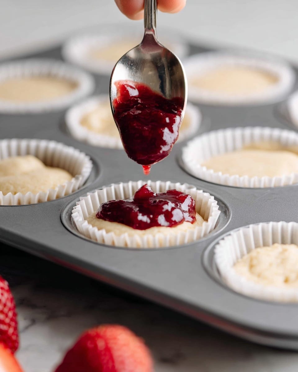 A close-up image of a muffin tray filled with white cupcake liners holding a pale beige batter in each cup, with a woman's hand holding a spoon above the center cup, dropping a glossy, deep red berry jam onto the batter, showing thick texture and visible chunks of fruit. The muffin tray is metallic gray with a smooth surface, sitting on a white marbled texture. Some red strawberries, blurred, are in the bottom corner for decoration. photo taken with an iphone --ar 4:5 --v 7