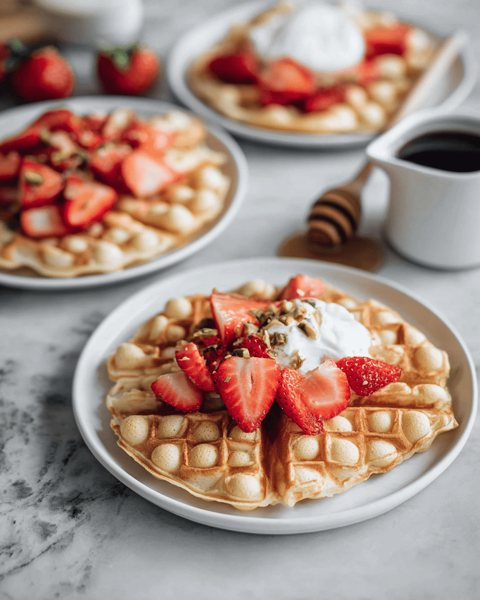 The image shows a close-up of three white plates, each holding a single bubble waffle. The waffles are light golden brown with a soft, round bubble texture on top, arranged in a hexagonal shape. The plate in the foreground is topped with fresh red strawberry slices and small green chopped nuts spread unevenly across the surface of the waffle. Behind it, another plate has a similar waffle with strawberry pieces but also includes a dollop of white whipped cream. The third plate in the background is slightly out of focus with a similar presentation. To the right of the plates, there is a small white jug containing a dark syrup with a wooden dipper. The whole scene is set on a white marbled texture surface. Photo taken with an iphone --ar 4:5 --v 7