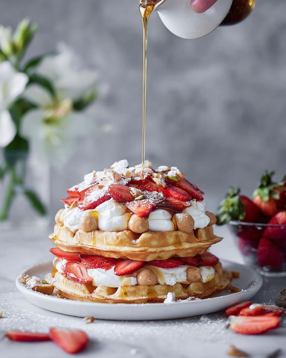 A stack of three waffle layers, each golden-brown with round crispy patterns, sits on a white plate placed on a white marbled surface. Between the waffle layers, there are fresh red strawberry slices and light brown dollops of cream or batter. The top waffle layer is covered with white whipped cream and more strawberry slices. Small round powdered sugar-dusted pieces and crushed nuts are sprinkled on top. A woman's hand pours amber syrup in a steady stream onto the stack, creating a glossy flow down the sides. There is a clear glass bowl filled with strawberries placed to the right, and some scattered strawberry pieces and cream on the surface around the plate. A soft, blurred background with white flowers is visible. photo taken with an iphone --ar 4:5 --v 7
